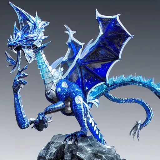 Prompt: massive, hyper realistic Ice crystal, sapphire, Lapis lazuli, and chrome, master crafted sculpture of an ice dragon queen hybrid with a beautifully detailed face and battle stance. dramatic stage lighting, surrounded by rippling water