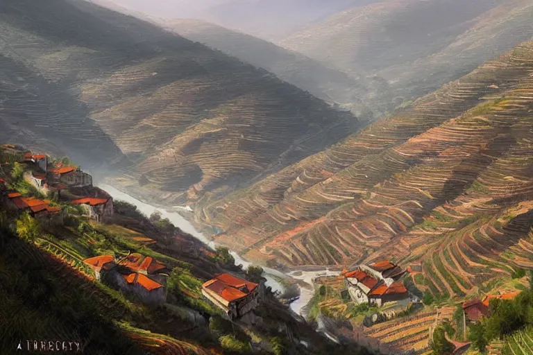 Image similar to douro valley, highly detailed, digital painting, art by artgerm and greg rutkowski