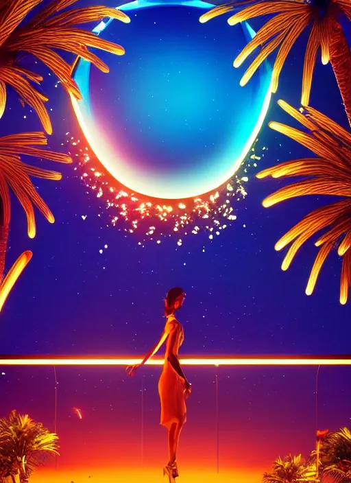 Prompt: 🌟🌜fireworks, Art Deco, in SANTORINI island, palm trees, crystal clear neon water, starry night, Trending artstation, octane render, cgsociety, surrealist, cinematic, shadow of the tomb rider