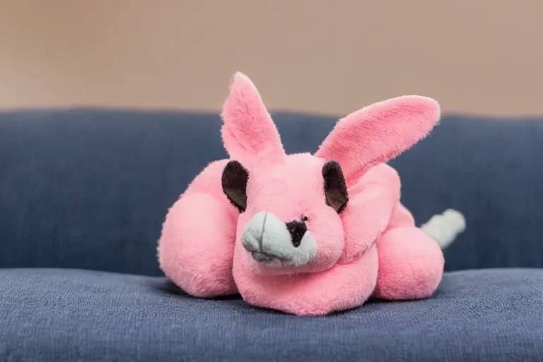 Prompt: a high quality 3 5 mm photo of a pink chubby stuffed animal kangaroo with dark blue shirt sitting on a couch, an ultrafine detailed photo, trending on artstation, sharp focus, baby toy