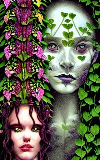 Prompt: The Hanging-Gardens of Pareidolia, lobelia, ivy, verbena and pothos growing facial features and optical-illusions, aesthetic!!!!!!!!!!!!!!!!!!!!, by Chris Tulloch McCabe in the style of Gerald Brom,