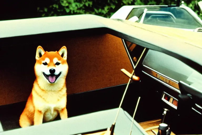 Image similar to picture of a shiba inu driving a car, 1 9 7 0 s