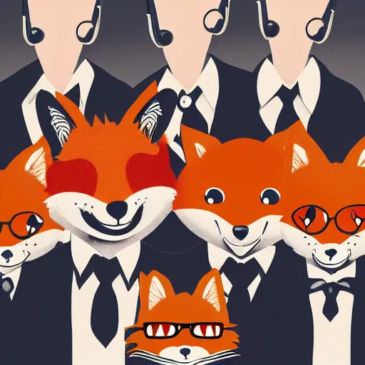 Prompt: music album cover, with foxes animals dressed in suits and sunglasses, holding guitars, all looking at camera, 8 5 mm f / 1. 4