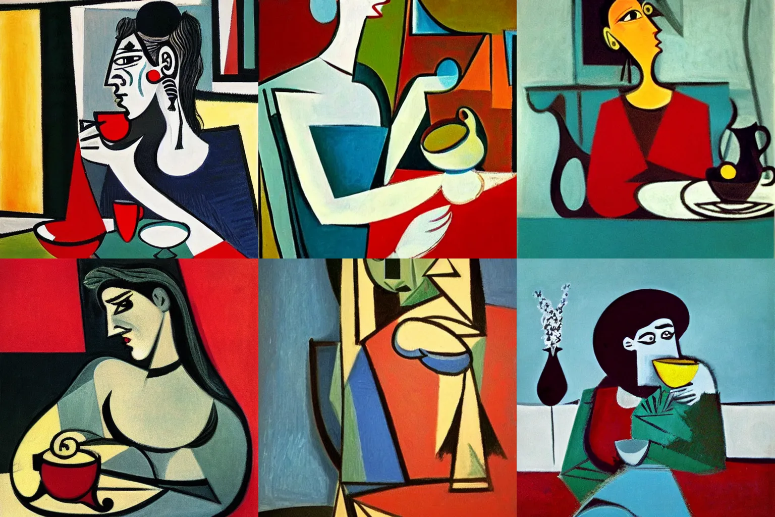 Prompt: a woman drinking tea by Pablo Picasso by Pixar