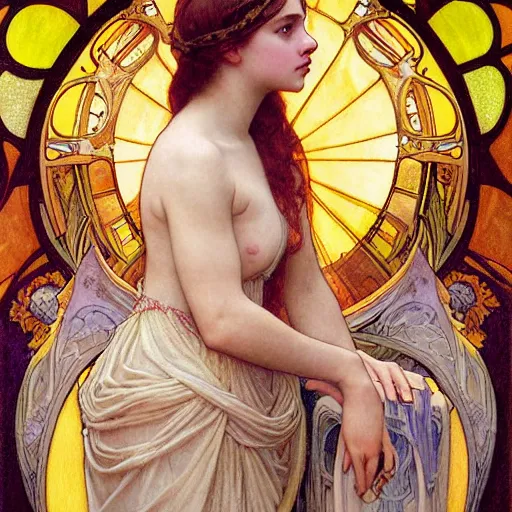 Prompt: detailed portrait art nouveau painting of the goddess of the sun, backlit, who resembles Anya Taylor Joy, Chloe Grace Moretz, and Emma Watson with anxious, piercing eyes, by Alphonse Mucha, Michael Whelan, William Adolphe Bouguereau, John Williams Waterhouse, and Donato Giancola