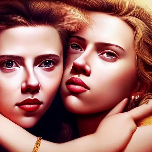 Image similar to intricate beautiful hyperreal portrait of a young scarlett johansson and young scarlett johansson, smiling softly, casual clothes, relaxing on the couch, home interior, golden hour, close up shot, 8 k, art by irakli nadar, hyperrealism, hyperdetailed, ultra realistic