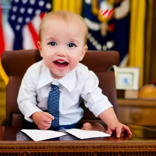 Image similar to professional photograph of a cute toddler wearing a suit and sitting in the oval office desk, very detailed, very intricate, 8 k,