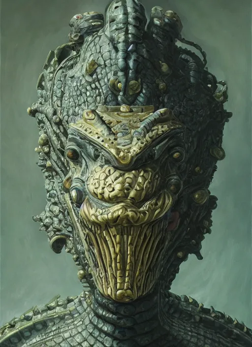 Image similar to highly detailed oil painting | very intricate | cinematic lighting | award - winning | the cocodrile mask by alexander mcqueen | by roberto ferri, by leng jun, by j. c. leyendecker and klimt, american romanticism, by austin osman spare, artstation, cgsociety, official art, octane