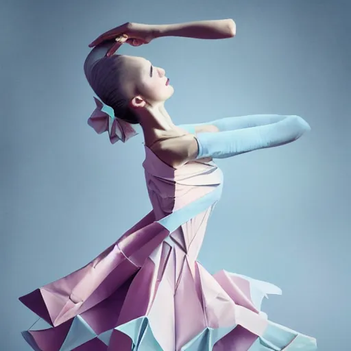 Prompt: 3 / 4 view of a ballerina girl wearing an origami dress, eye - level medium shot, elegant, by eiko ishioka, givenchy, by peter mohrbacher, centered, fresh colors, origami, fashion, detailed illustration, vogue, high depth of field, japanese, reallusion character creator