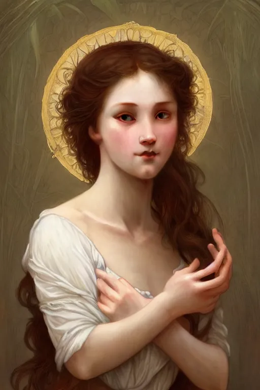 Image similar to Portrait of beautiful pale peasant girl, cinematic lighting, intricate, elegant, highly detailed, digital painting, artstation, smooth, sharp focus, illustration, art by artgerm and greg rutkowski and alphonse mucha and Wayne Barlowe and william-adolphe bouguereau