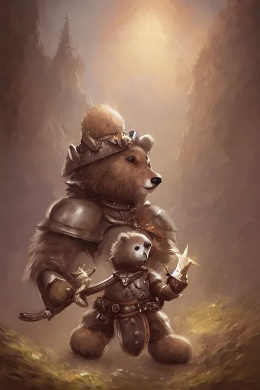 Image similar to cute little anthropomorphic bear knight wearing a cape and a crown, tiny, small, miniature bear, baby animal, short, pale blue armor, cute and adorable, pretty, beautiful, DnD character art portrait, matte fantasy painting, DeviantArt Artstation, by Jason Felix by Steve Argyle by Tyler Jacobson by Peter Mohrbacher, cinematic lighting