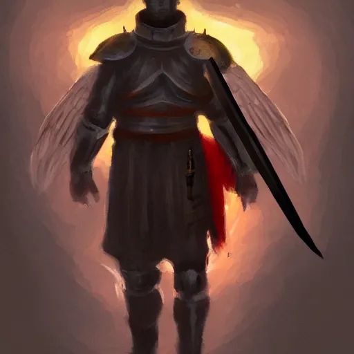 Image similar to a knight in a hall with an angel wing holding a sword of fire, digital oil painting, style of John singer Sargent, heroic, cinematic, indoor, warm lighting, godrays, concept art, highly detailed, trending on art station