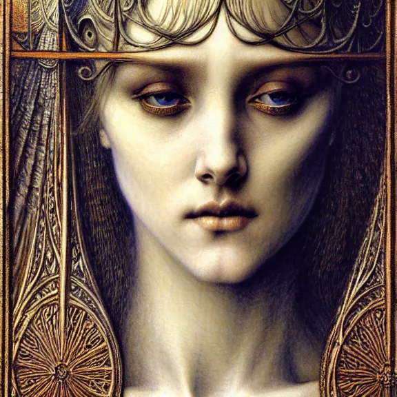 Image similar to detailed realistic beautiful young medieval queen face portrait by jean delville, gustave dore and marco mazzoni, art nouveau, symbolist, visionary, gothic, pre - raphaelite. horizontal symmetry