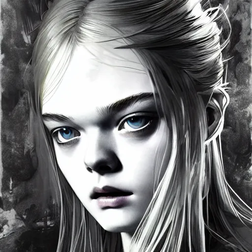 Image similar to symmetry!! portrait of elle fanning in the world of yoji shinkawa, horror, fashion, dark!! intricate, elegant, highly detailed, digital painting, artstation, concept art, smooth, sharp focus, illustration, art by artgerm and greg rutkowski and alphonse mucha