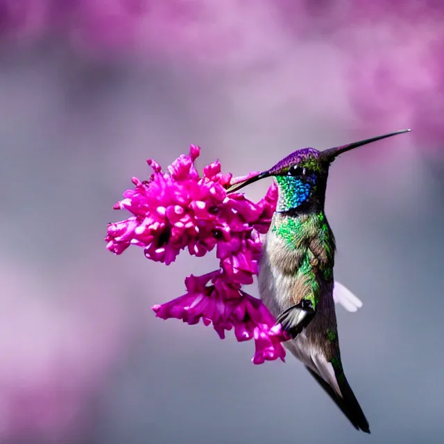 Prompt: macro shot of a purple hummingbird at a fuchsia cherry blossom on a snow covered mountain