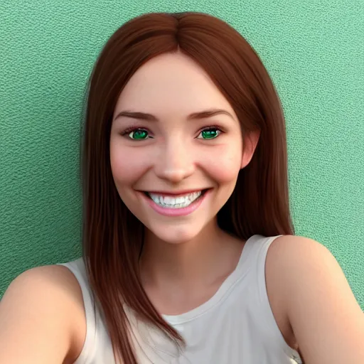 Prompt: Render of a cute 3d young woman smiling, long shiny bronze brown hair, full round face, emerald green eyes, medium skin tone, light cute freckles, smiling softly, wearing casual clothing, relaxing on a modern couch, interior lighting, cozy living room background, medium shot, mid-shot, soft focus, trending on Artstation, Unreal Engine 5 , 4k, professional photography, Portra 400