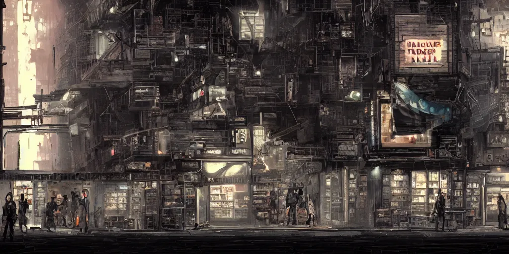 Image similar to cinematic shot of the facade of an old bookstore called babel in a dark alley, dystopian future, neon lights, sci - fi, night lights, haze, concept art, intricate, in the style of katsuhiro otomo, akira, unreal engine