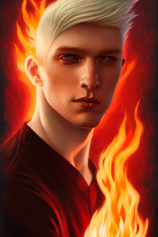 Image similar to character art by tom bagshaw, young man, blonde hair, on fire, fire powers
