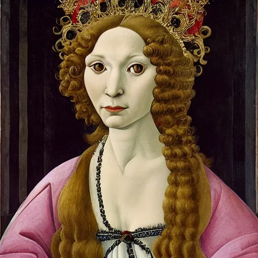 Prompt: portrait of a white labrododdle dog with curly white fur as an italian queen, painting by botticelli, 1 4 8 0 s