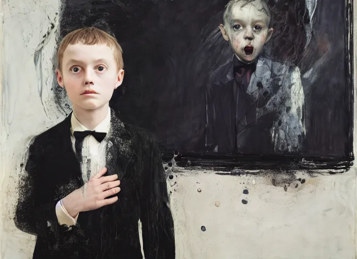 Image similar to portrait of a child wearing a suit, vincent lefevre and hernan bas and pat steir and hilma af klint, psychological, photorealistic, dripping paint, washy brush, rendered in octane, altermodern, masterpiece