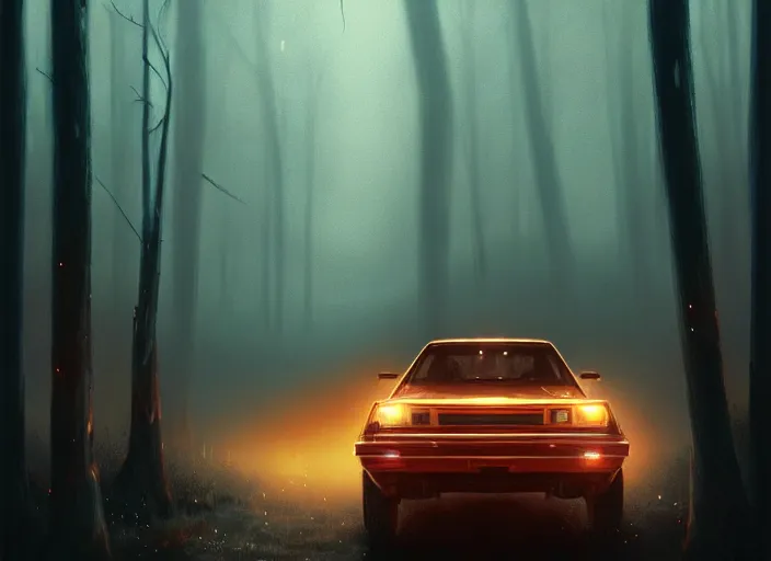 Image similar to detailed intricate digital illustration by greg rutkowski and artgerm and wlop and sanford robinson gifford ; 1 9 8 8 vehicle, glowing headlights, foggy forest in background ; 1 3 mm film, close up head on arri alfa anamorphic lens ; sharp focus, soft evening lighting, trending on artstation 4 k