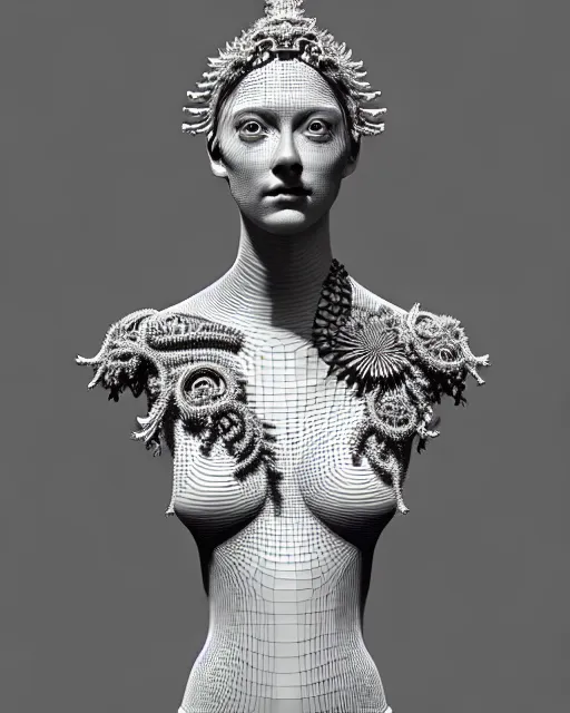 Image similar to bw 3 d render of a beautiful young female queen - cyborg - vegetal, intricate fractal ornament in the bust with a very long neck, elegant, highly detailed intricate rococo ornament in her silver long hair, realistic, refined, highly detailed, cinematic outdoor lighting, by flora borsi in the style of dora maar, volumetric lighting, hyper realistic photography