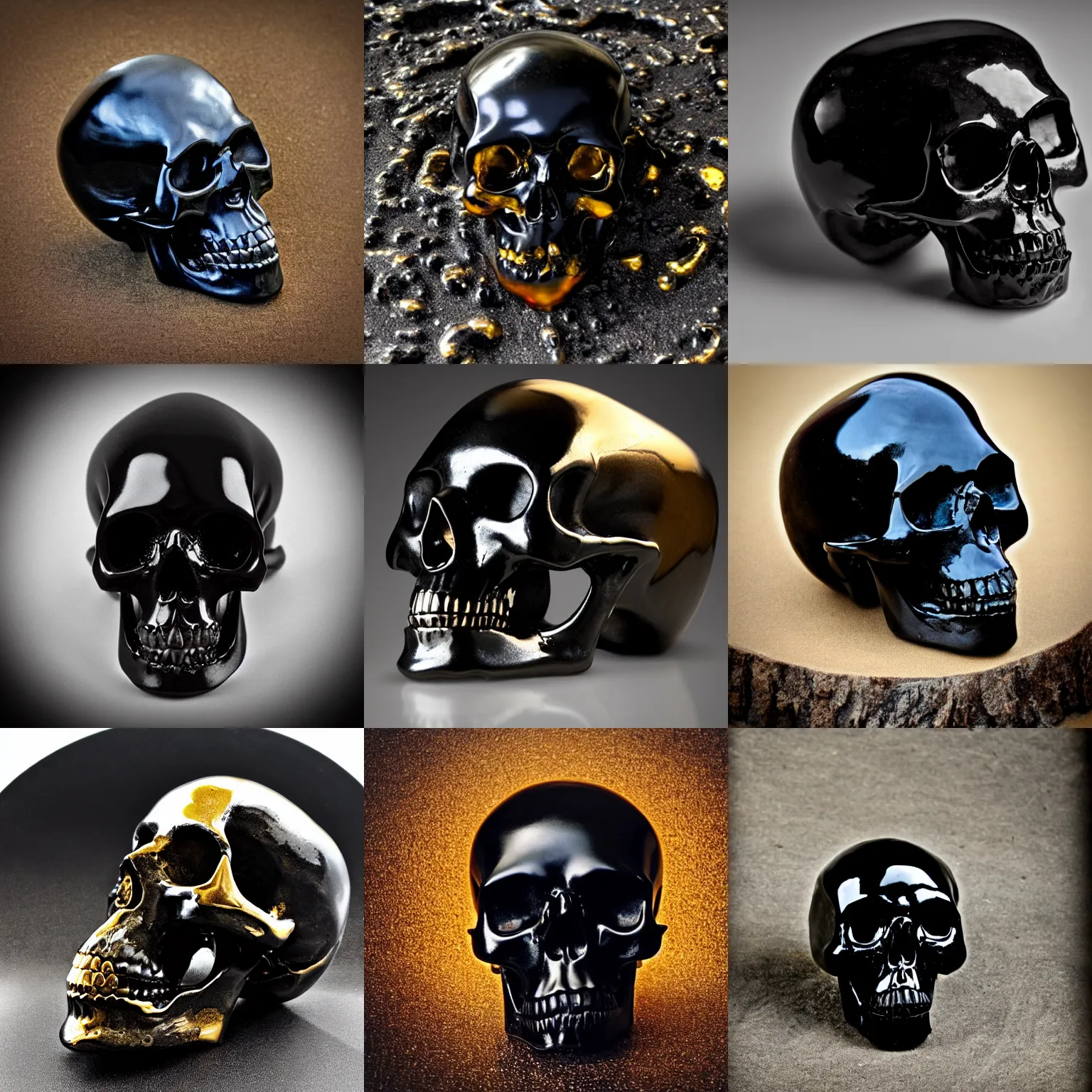 Prompt: black shiny onyx human skull, low angle. liquid molten gold fluid dripping from top, slips over and drains