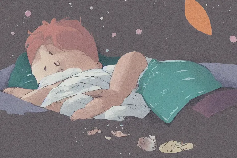 Image similar to Digital illustration of a kid sleeping on his bed at night, cute