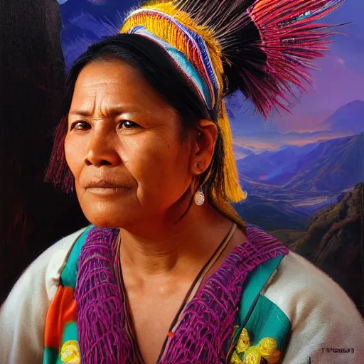 Image similar to portrait of a bolivian woman ( 3 5 ) from bolivia in 2 0 2 1, an oil painting by ross tran and thomas kincade