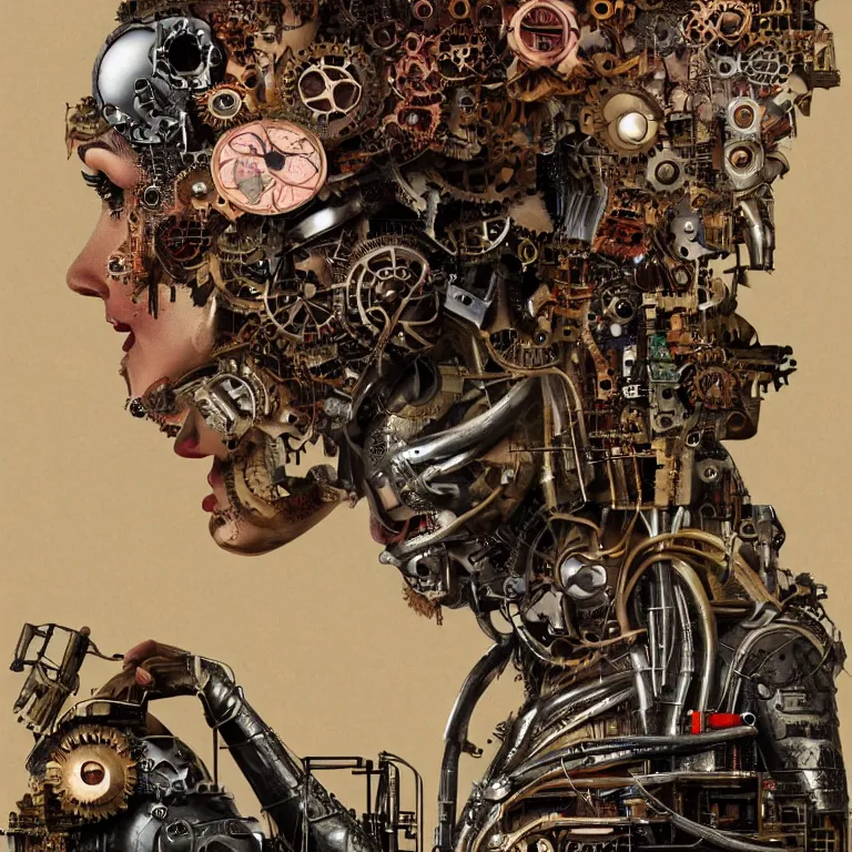 Image similar to profile portrait of a woman, computer parts, mechanical parts, by giuseppe arcimboldo, steampunk, cyberpunk, futuristic, psychedelic, surreal, sci - fi, vaporwave, alien, dreamlike.