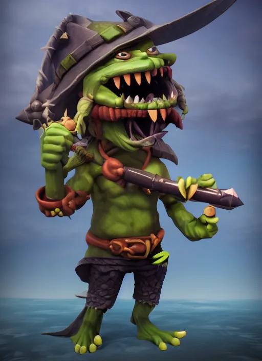 Prompt: A goblin pirate, blender, portrait, detailed, 4k, ocean background, bokeh