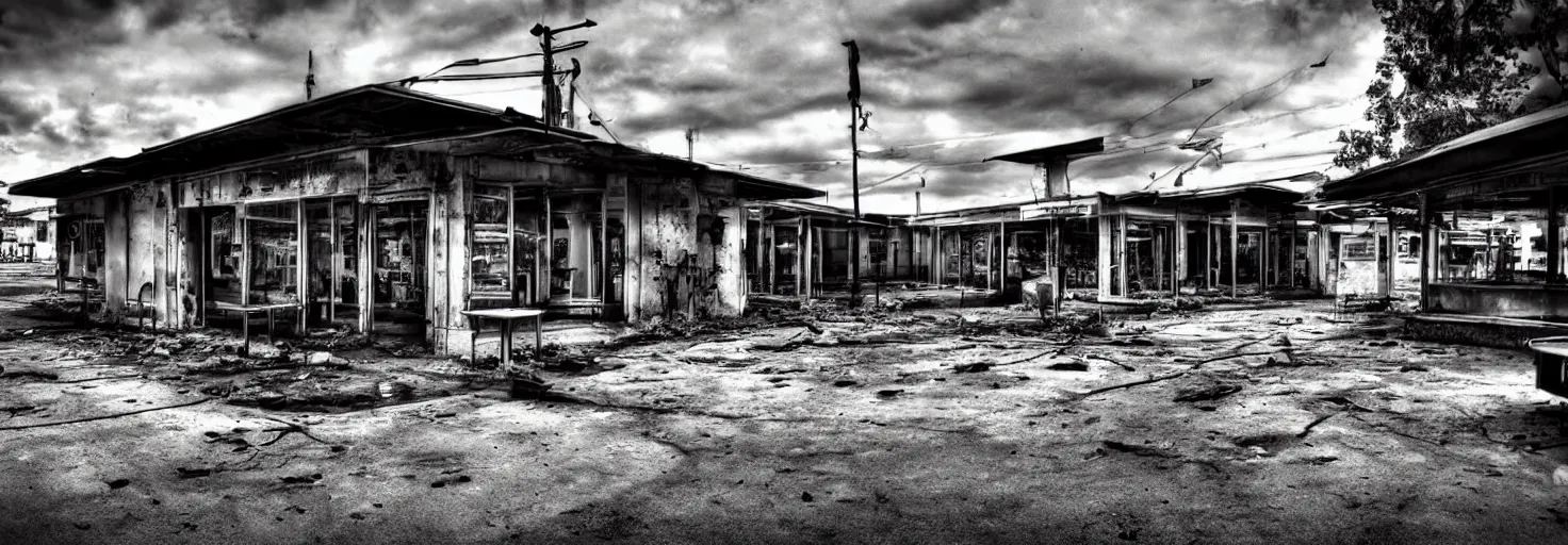 Image similar to Abandoned cafe on parking lot HDR cinematic noon detailed apocalyptic