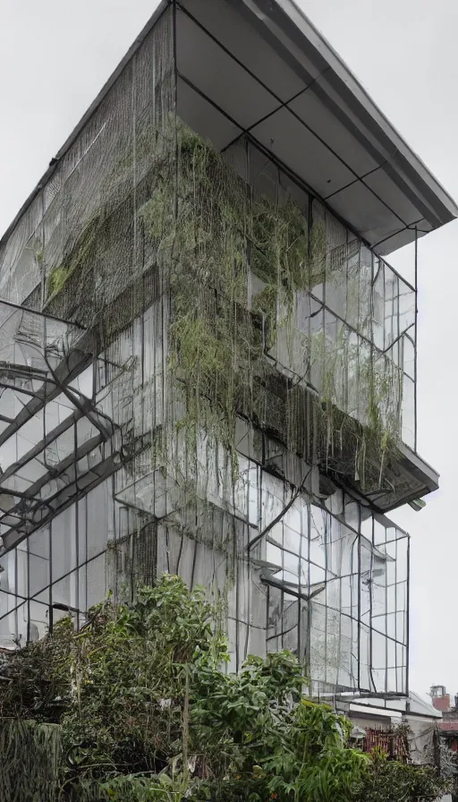 Prompt: exterior shot of a contemporary minimalistic 2 floors greenhouse architecture in a city block, with a transparent facade made in wood textile, front view, creepy , overcast, highly detailed, iwan baan