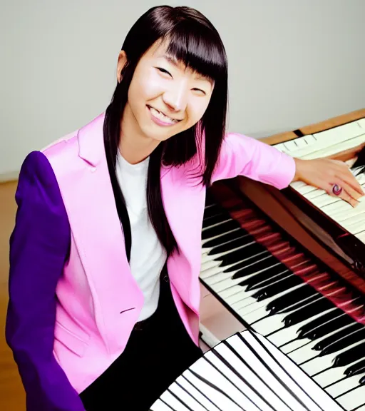 Image similar to a professional portrait photograph of kaede akamatsu, an eighteen year old japanese woman with blonde shoulder length hair, a cowlick, musical note hairpins, a pink blazer, a white backpack, purple contact lenses, and a kind smile, beautiful features, pianist, at her piano