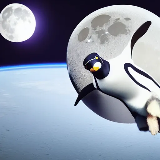 Prompt: a realistic highly detailed 3D render of a penguin dressed as an astronaut, floating in space, moon in the background, octane render, 4k, trending