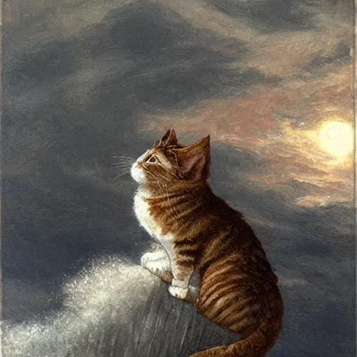 Image similar to a pirate cat sails his ship toward the gathering storm on the horizon, oil on canvas, 1 8 8 3, highly detailed