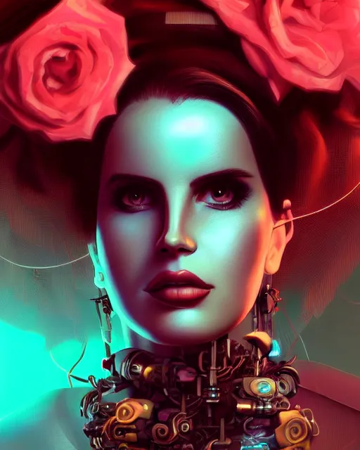 Image similar to portrait of lana del rey as a cyberpunk cyborg. roses, sci - fi, intricate abstract, upper body, intricate artwork, by tooth wu, wlop, beeple, dan mumford. concept art, 8 k octane render, deviantart, greg rutkowski, cinematic, key art, hyperrealism, iridescent accents