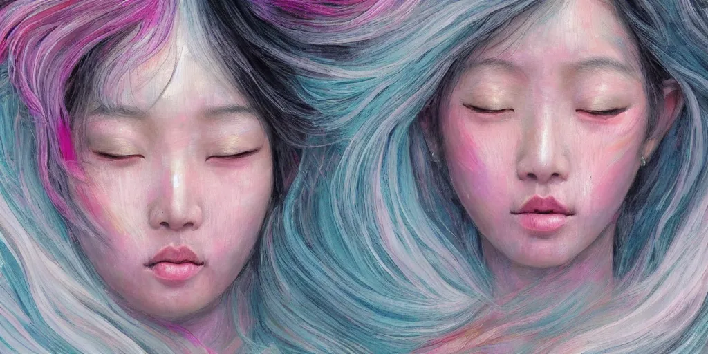 Prompt: a portrait of a very beautiful young asian goddess with pink and grey hair radiating an artwork made of swirling paint and impasto, sleepy eyes by wlop and botticelli, background is multicoloured volumetric displacement, hyperrealism, 8 k