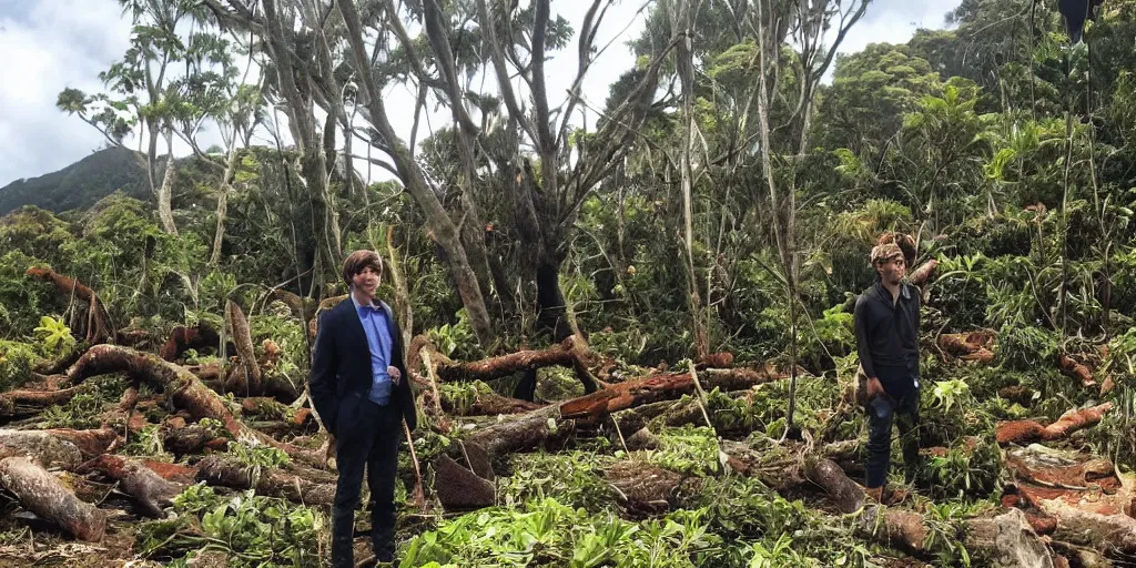 Image similar to bbc tv presenter louis theroux interviewing men cutting down extremely large kauri trees. great barrier island, 1 9 3 0 s tv show. beach with large boulders in background. nikau palms.