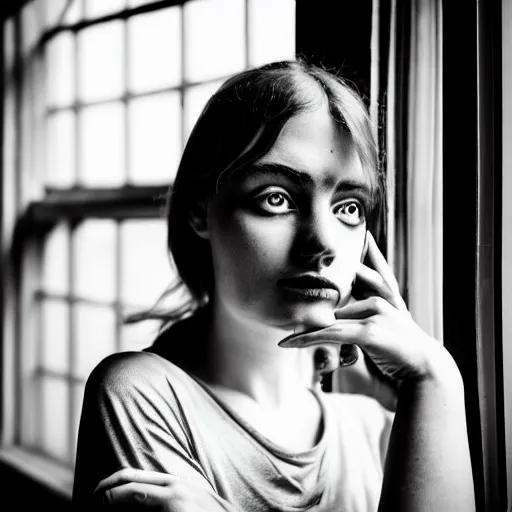 Prompt: black and white photography of highly detailed beautiful depressed Woman with detailed face in the heroine chique style standing by the window, vintage, natural light, sigma 85mm f/1.4 1/10 sec shutter