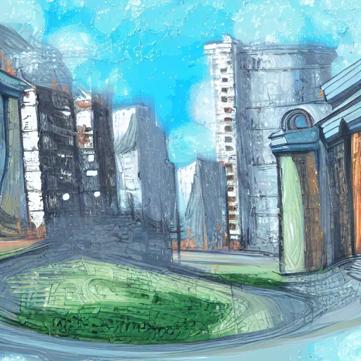 Image similar to City, Landscape, Style of Arcane, Digitally hand-painted, colour