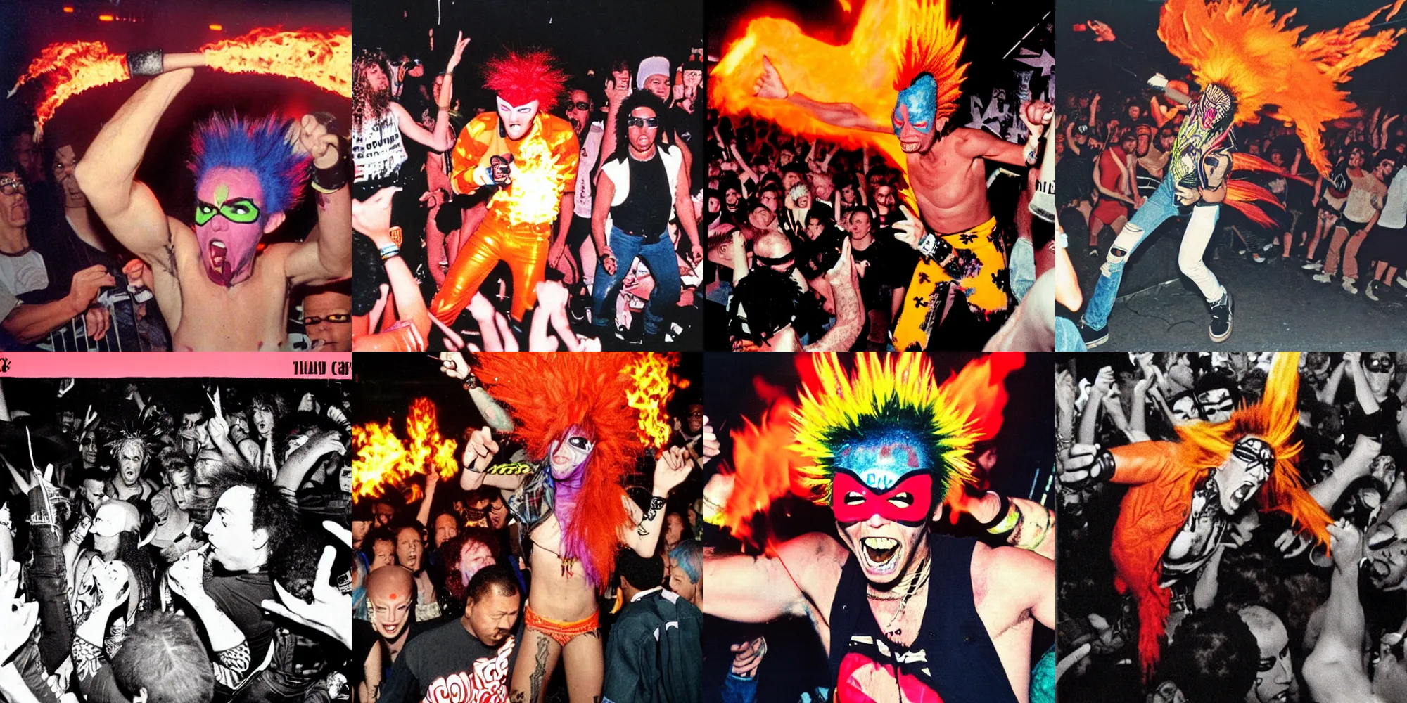 Prompt: a punk rock superhero with a flaming mohawk in a mosh-pit at CBGBs during a Bad Brains show 1984 in an ultra-realistic color photograph for Maximum RockNRoll Magazine, 1984