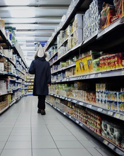 Image similar to gandalf wearing a wizard hat, stacking supermarket shelves, cinematic lighting, gloomy, depressing