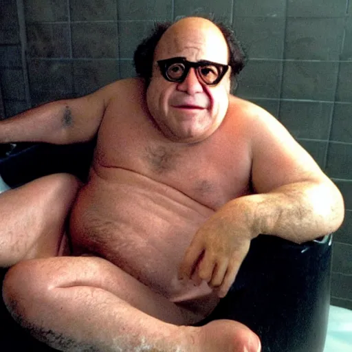 Image similar to Danny Devito in a bathtub filled with hamburgers circa 1999