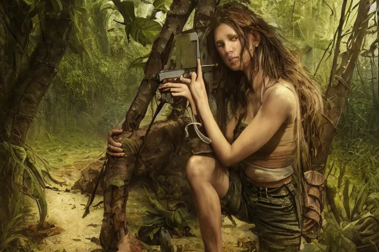 Image similar to artstation concept of a beautiful adventurous girl holding a machine pistol, sweaty skin, symmetrical face, high body detail, ripped up field fatigues, torn off shirt, jungle background with ruins, vines, hyperdetailed, artstation trending, world renowned artists, worth1000.com, cgsociety, by greg rutkowski, by Gustave Doré, by Marco Turini, by Artgerm, Deviantart in the style of Tom Bagshaw, Cedric Peyravernay, Peter Mohrbacher