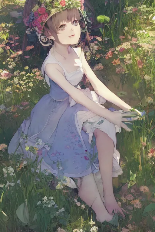 Image similar to a depressed digital art, loli in dress, garden, green and warm theme, blue accents, back lighting, highly detailed, 4 k resolution, trending on art station, by krenz cushart and mucha and akihito yoshida and greg rutkowski and makoto shinkai