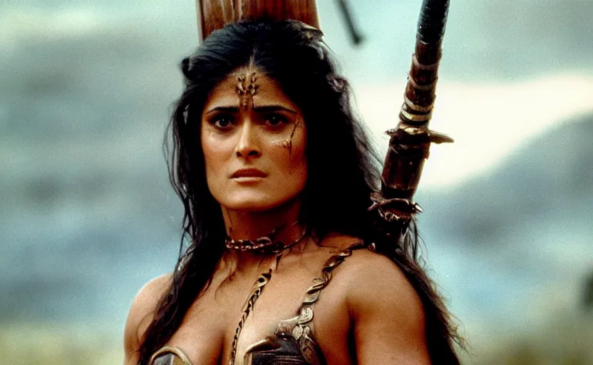 Prompt: epic photo of muscular salma hayek as beautiful barbarian warrior princess in a battle scene, sweaty, detailed eyes, neutral expression, shallow depth of field, photorealistic, cinematic lighting, lovely bokeh, warm colours, dusk, movie quality, conan the destroyer 1 9 8 5, movie still