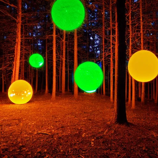 Image similar to forrest illuminated by glowing spheres, night, 5 5 mm