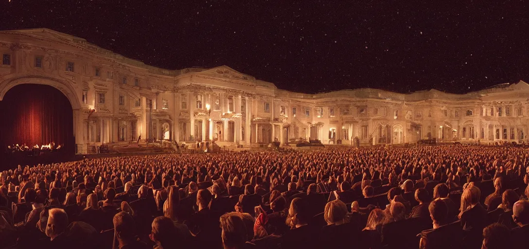 Image similar to a very high resolution image from a new movie. a beautiful concert during the night. photorealistic, photography, directed by stanley kubrick