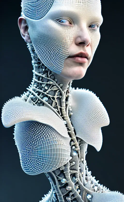 Prompt: intricate hyper detailed ultra sharp natural soft light 3 d render of a beautiful smooth porcelain fascinating cyborg woman portrait, medium shot portrait, alexandre ferra, deeply cyberpunk art nouveau haute couture huge fractal white silver gold mycelum and crystal pore fungi head ornaments, big embroidered leaves filigree spreaded roots, octane render, volumetric cinematic lighting, 8 k, vray tracing